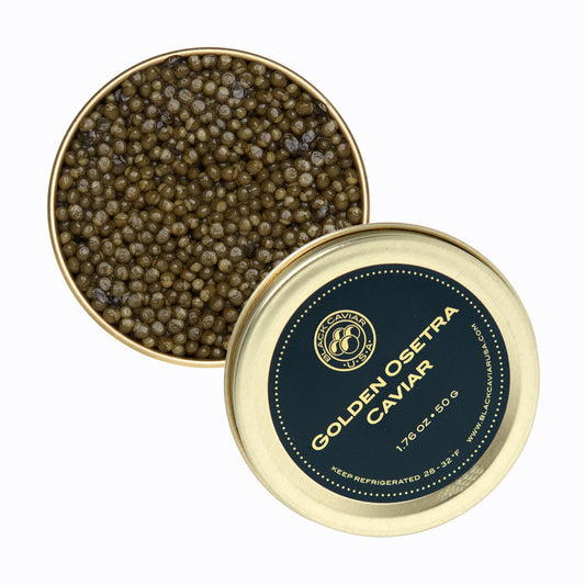 Golden Osetra Caviar 1.76 oz open, with lid.