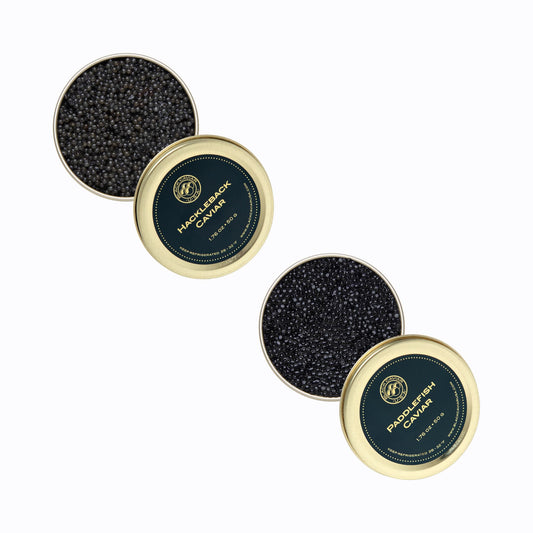 Wild American Hackleback 1.76 oz and Paddlefish Caviar 1.76 oz Tasting Set, open with lid.